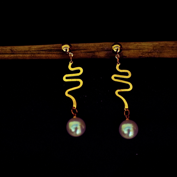 Gold-toned Wavy Korean Style Earrings with Pearl Drops FS343E