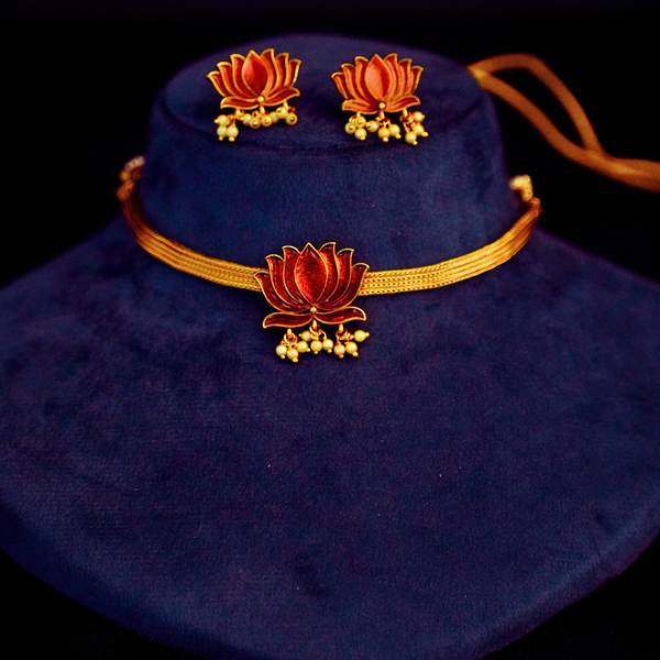 Red Meenakari Lotus Choker Set with Earrings FS276N