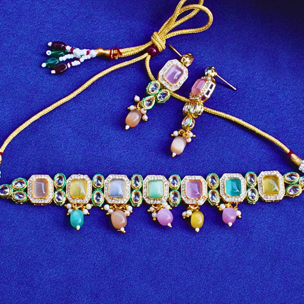 Multi Color Pastel Necklace with Round and Square Stones FS251N
