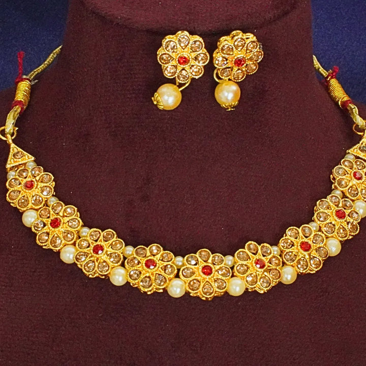 Flower Shaped Necklace With Red Stones FS239N