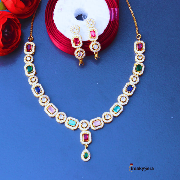 American Diamond Multi color Necklace and Earrings FS102M - freakysera