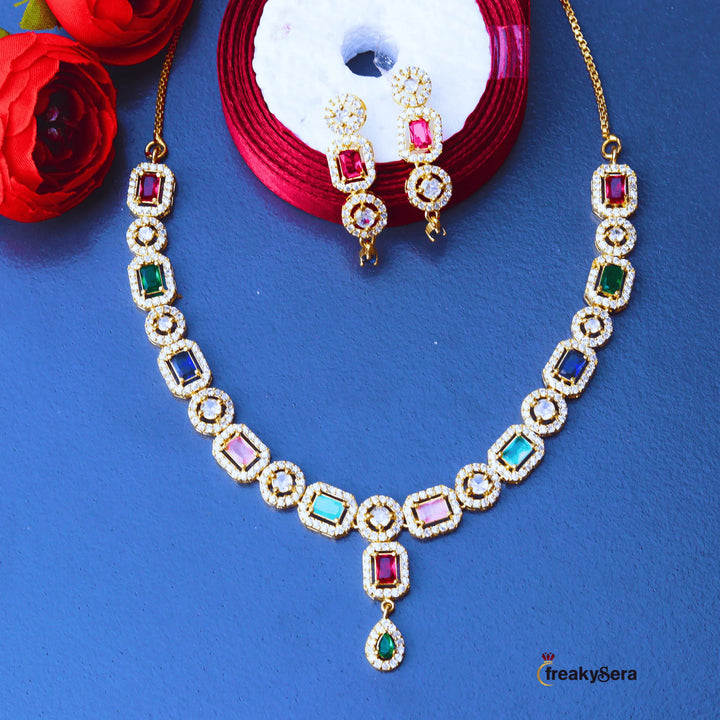American Diamond Multi color Necklace and Earrings FS102M - freakysera