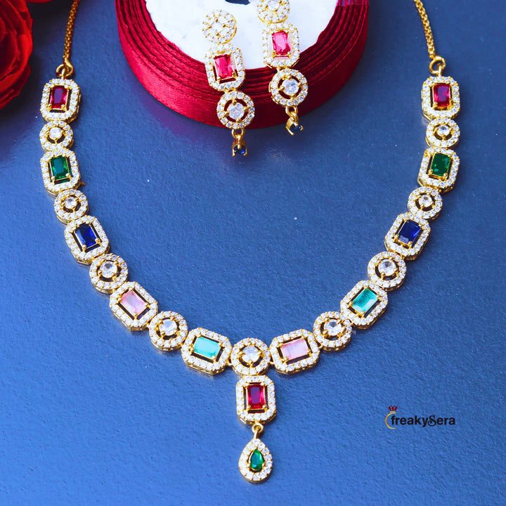American Diamond Multi color Necklace and Earrings FS102M - freakysera