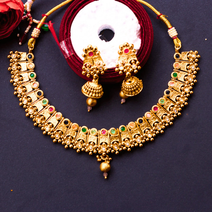 Antique Necklace Set With Multicolor Stones and Earrings FS131 - freakysera