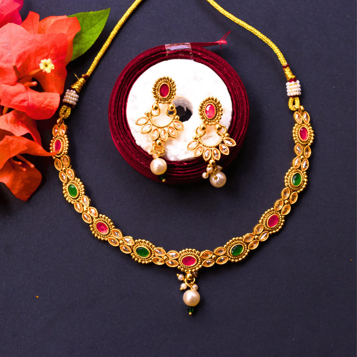 Antique Necklace Set With Pink and Green Stones FS135 - freakysera
