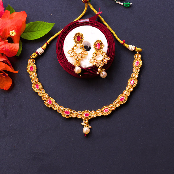 Antique Necklace Set With Pink and White stones and Earrings FS134 - freakysera