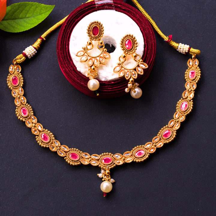Antique Necklace Set With Pink and White stones and Earrings FS134 - freakysera