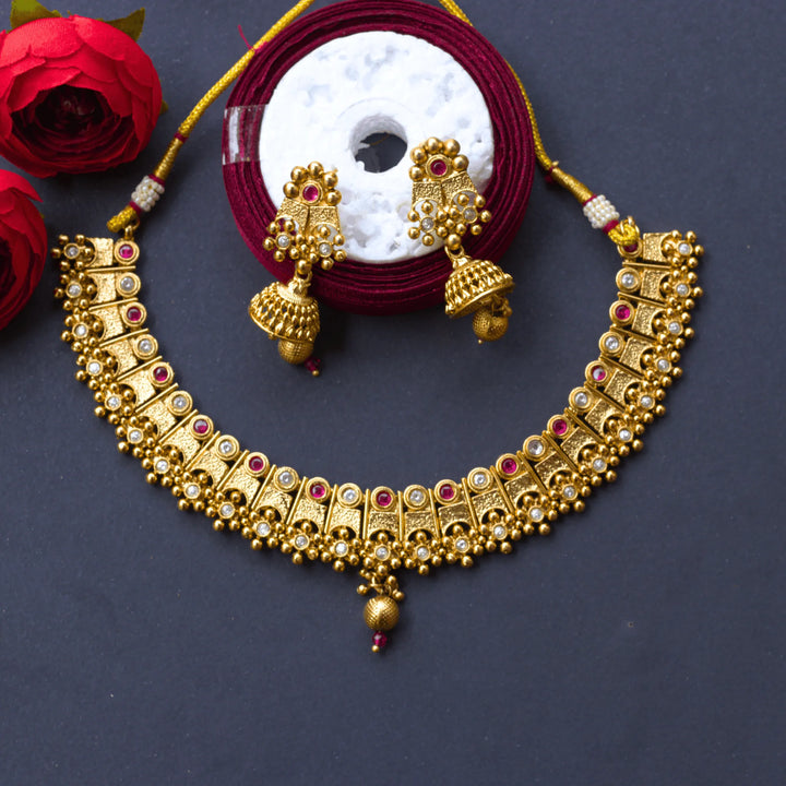 Antique Necklace Set with White and Pink stones with Earrings FS132 - freakysera