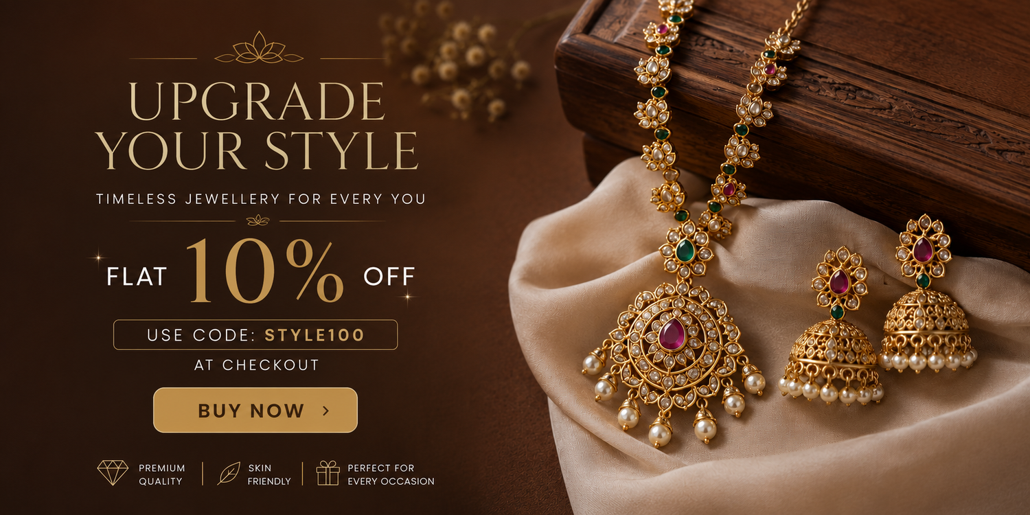Shop trendy artificial jewellery including necklaces and jhumkas with a special 10% discount. Use code STYLE100 at checkout