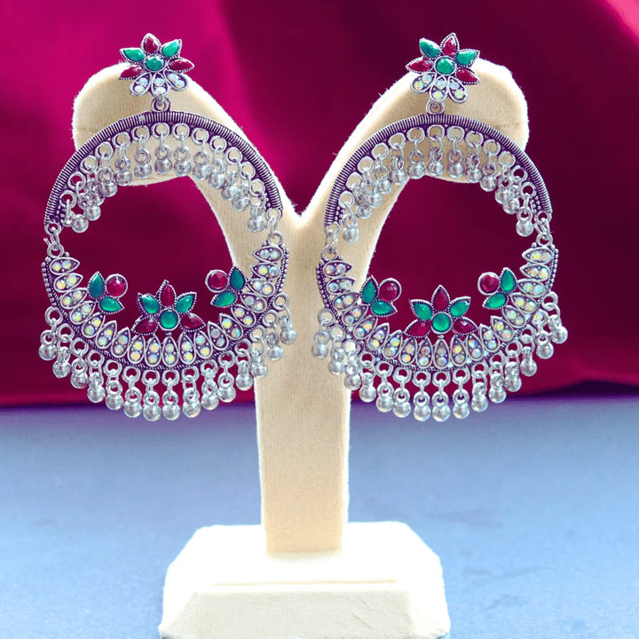 Chandbali Earrings - Rose, Green, Silver FS307E - freakysera