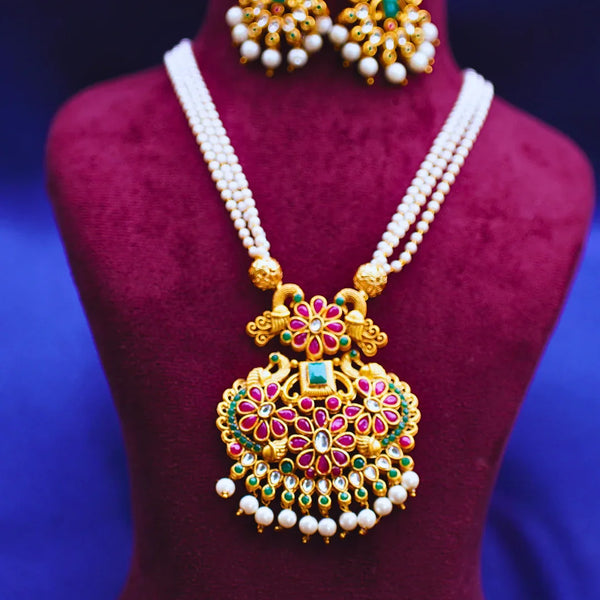 Floral & Peacock Motif Antique Pendant Necklace with Multi Pearl Strands FS269N - freakysera