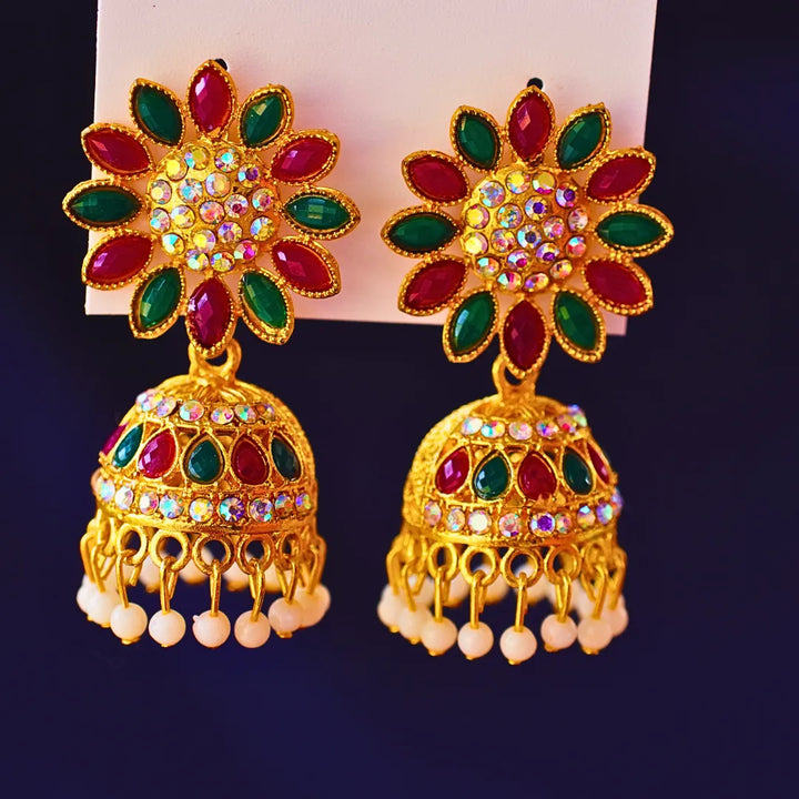Floral Stud Jhumka with Red and Green Stones FS336E - freakysera