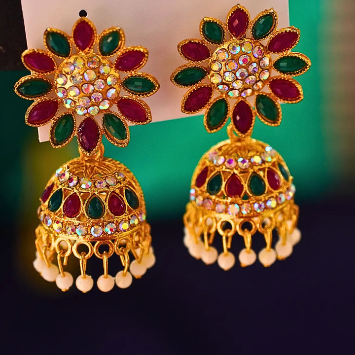 Floral Stud Jhumka with Red and Green Stones FS336E - freakysera