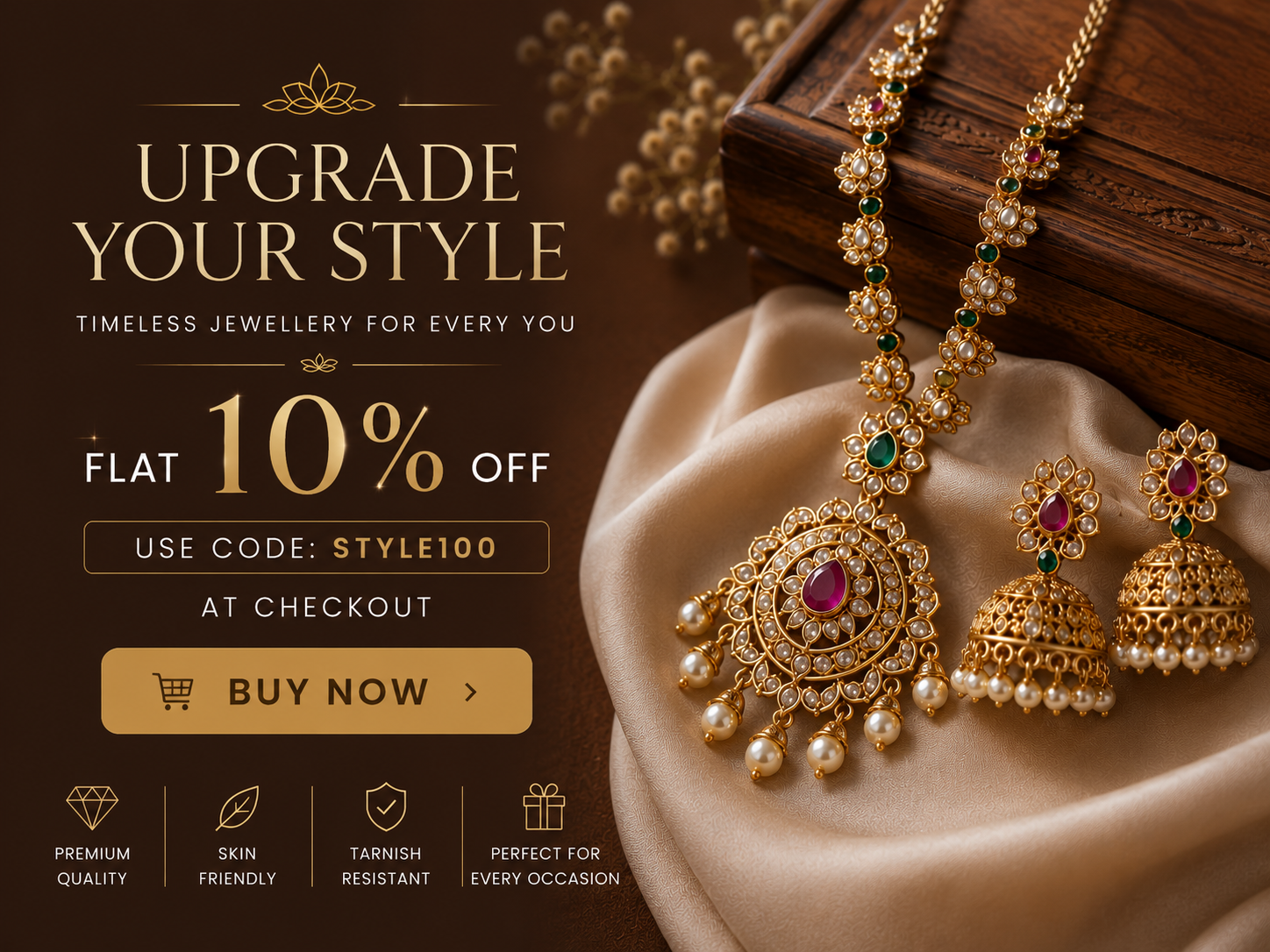 Shop elegant artificial jewellery for women featuring traditional necklace sets and jhumkas with a 10% discount using code STYLE100