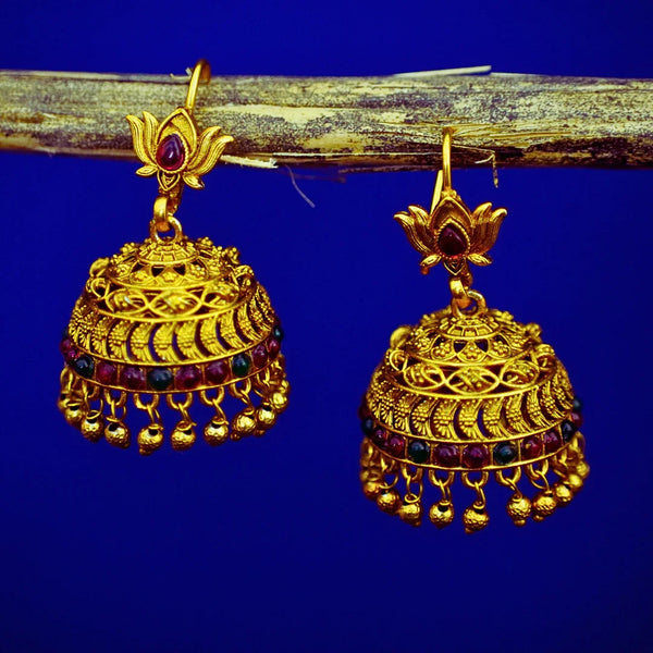 Gold-Plated Multi Color Beaded Lotus Temple Jhumka Earrings FS347E - freakysera