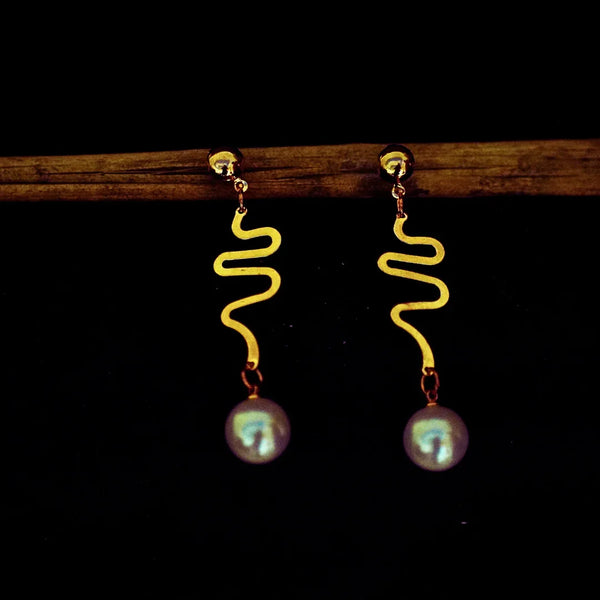 Gold-toned Wavy Korean Style Earrings with Pearl Drops FS343E - freakysera