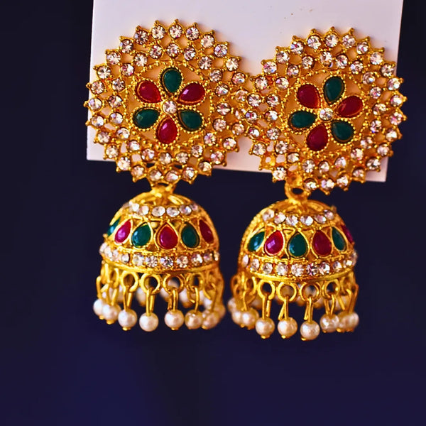 Golden Finish Floral Stud Jhumka with Red and Green Stones - FS337E - freakysera