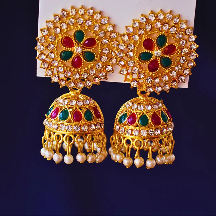 Golden Finish Floral Stud Jhumka with Red and Green Stones - FS337E - freakysera