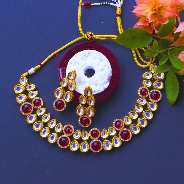 Kundan Necklace Set with Red and White Stones FS128 - freakysera