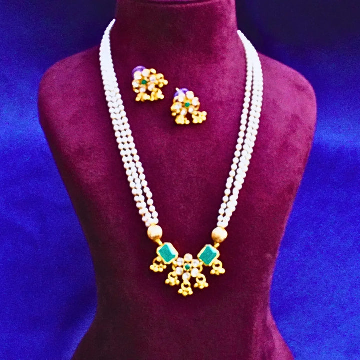 Layered Pearl Chain with Green and Pink Pendant FS252N - freakysera