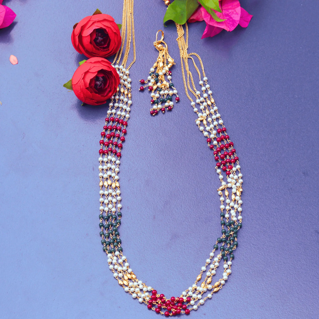 Layered Long pearl necklace - Green and Maroon Beads