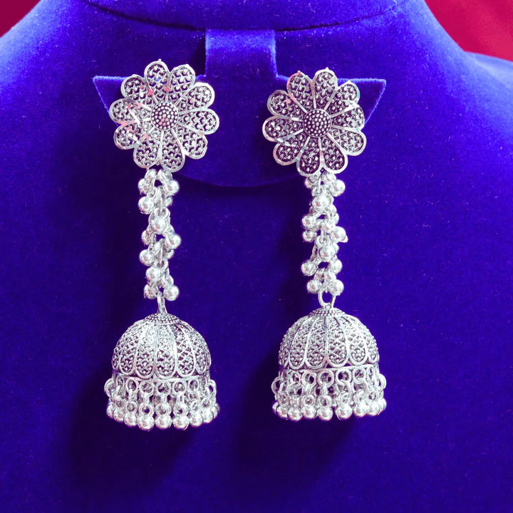 Long Drop Oxidised Jhumka Flower Shaped FS313E - freakysera