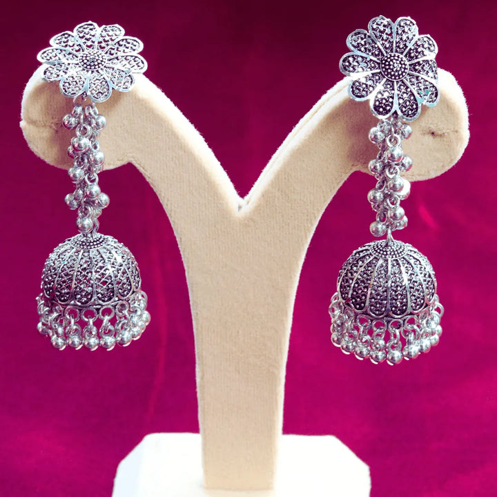 Long Drop Oxidised Jhumka Flower Shaped FS313E - freakysera