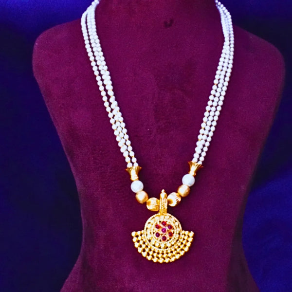 Long Pearl Chain with Golden Pendant complimented by Red and Green Stones FS241N - freakysera