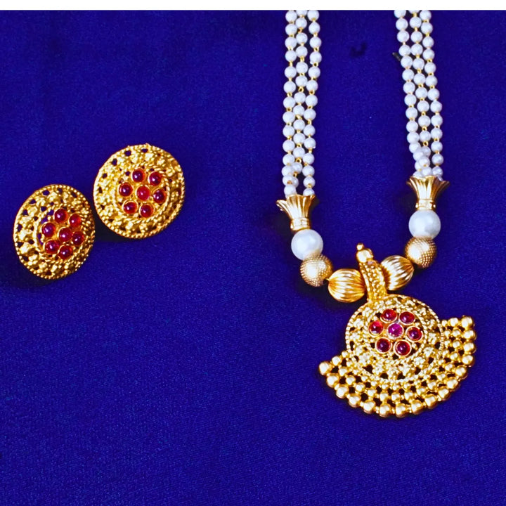 Long Pearl Chain with Golden Pendant complimented by Red and Green Stones FS241N - freakysera