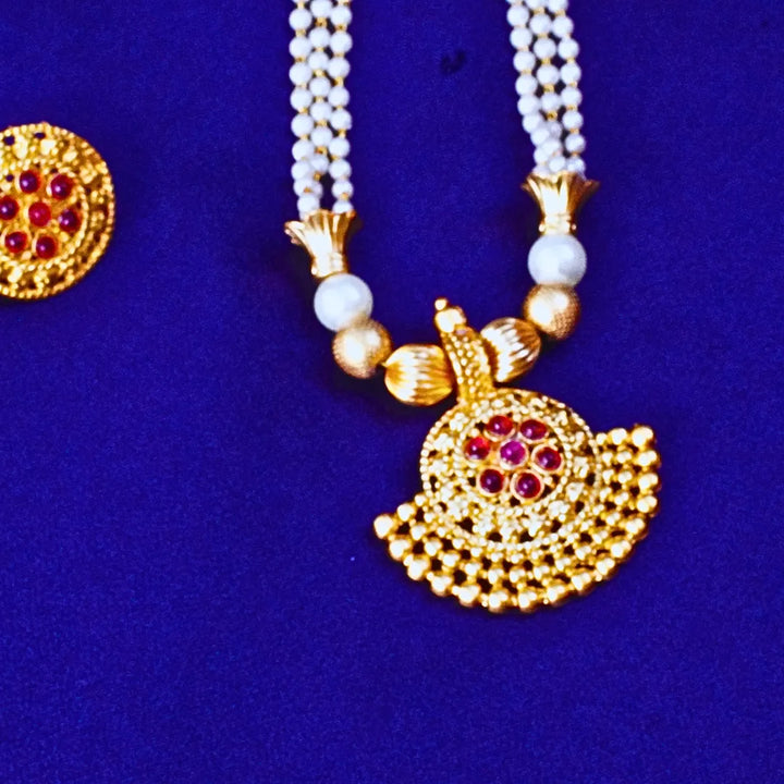 Long Pearl Chain with Golden Pendant complimented by Red and Green Stones FS241N - freakysera