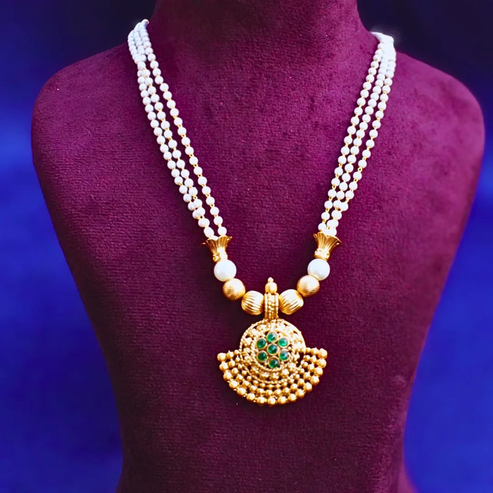 Long Pearl Chain with Golden Pendant complimented by Red and Green Stones FS241N - freakysera