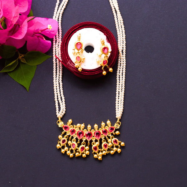 Long Pearl Chain with Pink Pendants and Earrings FS111 - freakysera