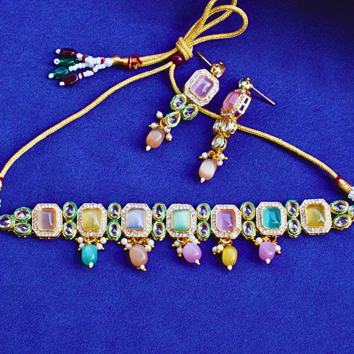 Multi Color Pastel Necklace with Round and Square Stones FS251N - freakysera