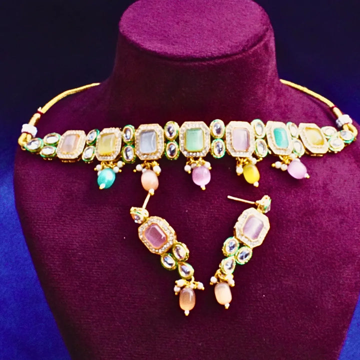 Multi Color Pastel Necklace with Round and Square Stones FS251N - freakysera