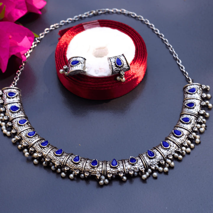Oxidized German Silver Choker Dark Blue Style FS123 - freakysera