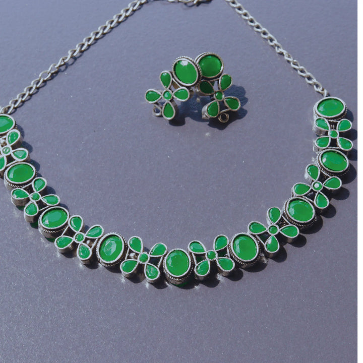 Oxidized Green Color Silver Necklace With Earrings FS185N - freakysera