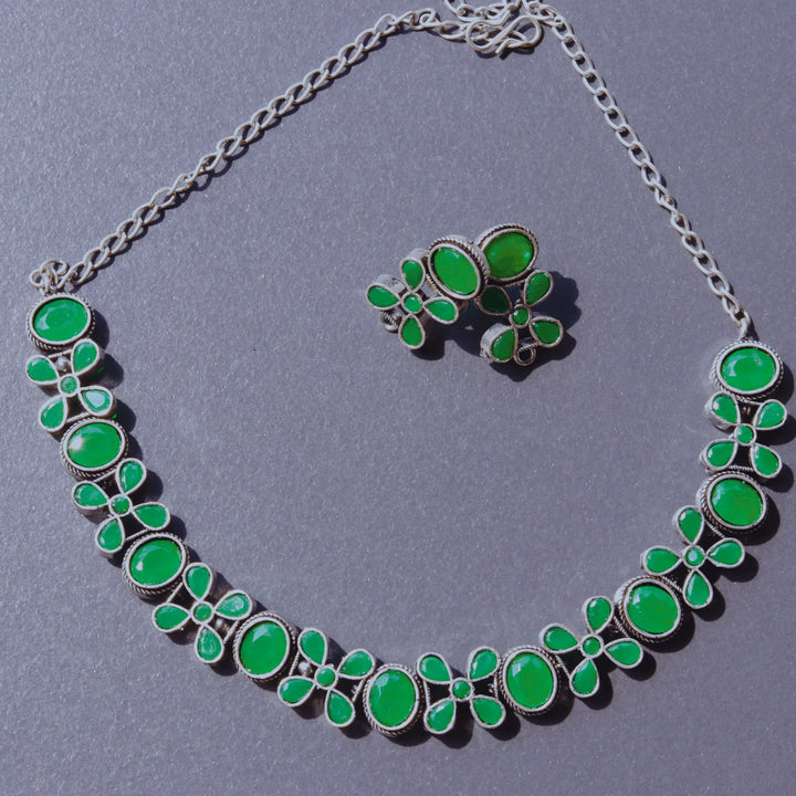 Oxidized Green Color Silver Necklace With Earrings FS185N - freakysera