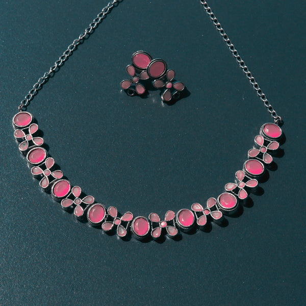 Oxidized Pink Color Silver Necklace With Earrings FS187N - freakysera