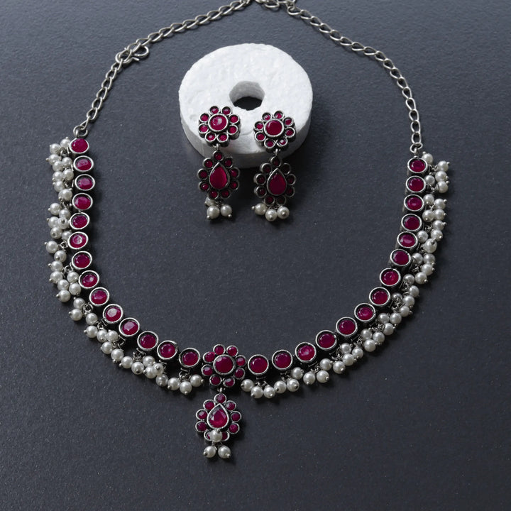 Oxidized Purple Color Silver Necklace With Earrings FS188N - freakysera
