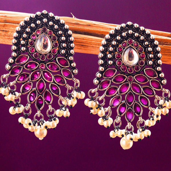 Oxidized Silver Earrings Drops with Black and Pink Stones FS175 - freakysera