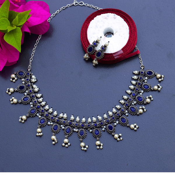 Oxidized Silver Necklace Blue Color With Earrings FS126 - freakysera