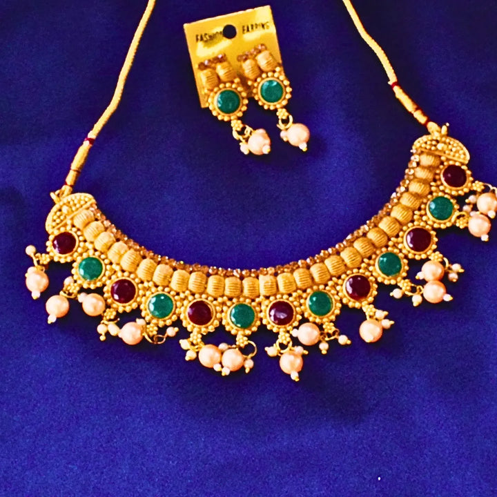 Rajwadi Polish Green and Maroon Necklace FS255N - freakysera