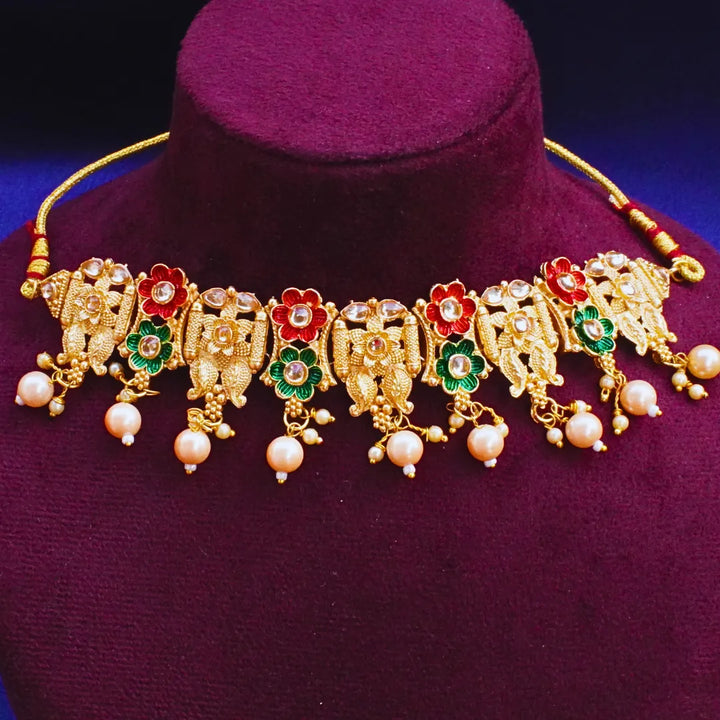 Red and Green Flower Shaped Rajwadi Choker Necklace FS249N - freakysera