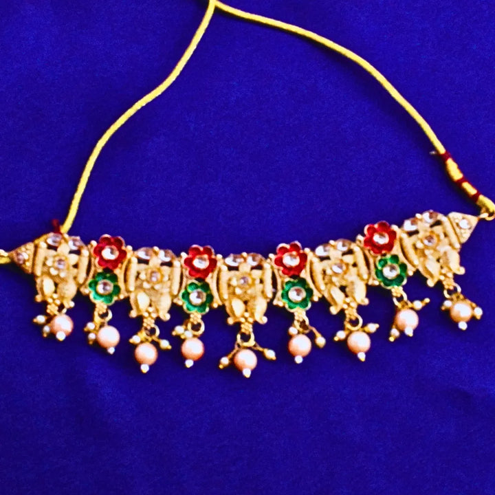 Red and Green Flower Shaped Rajwadi Choker Necklace FS249N - freakysera