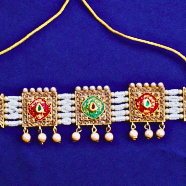 Red and Green Square Shaped Rajwadi Choker Necklace FS250 - freakysera