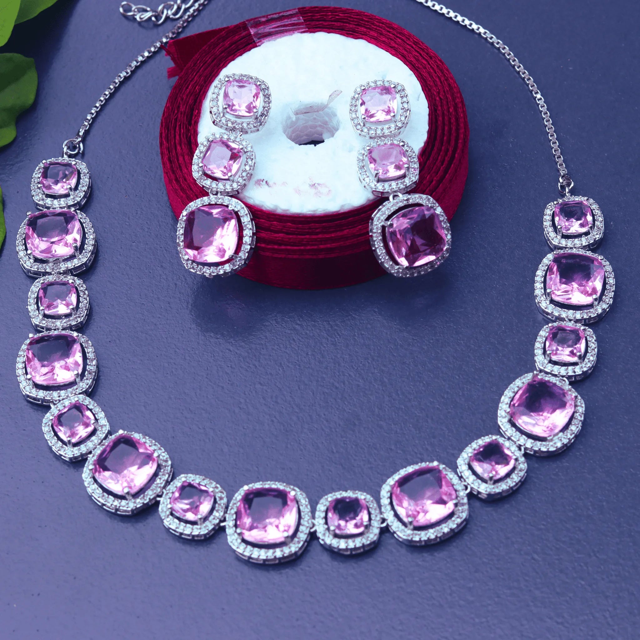 Shop Pink American Diamond Necklace Set with Earrings