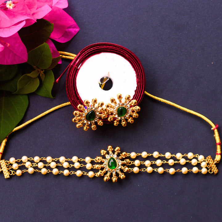 Stylish Pearl Choker Necklace Set With Green and Red Stones FS180 - freakysera
