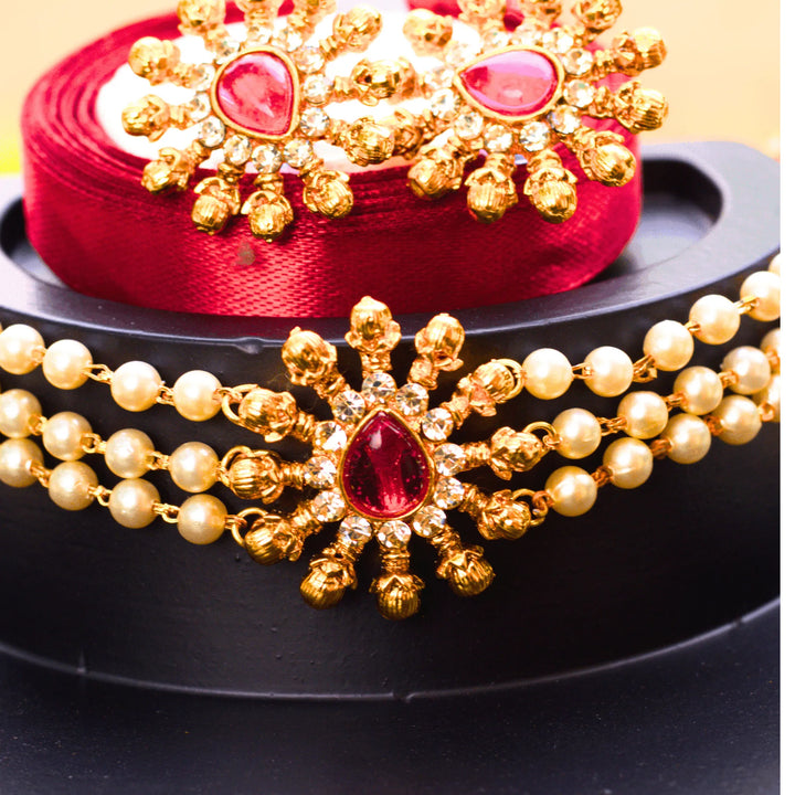 Stylish Pearl Choker Necklace Set With Green and Red Stones FS180 - freakysera