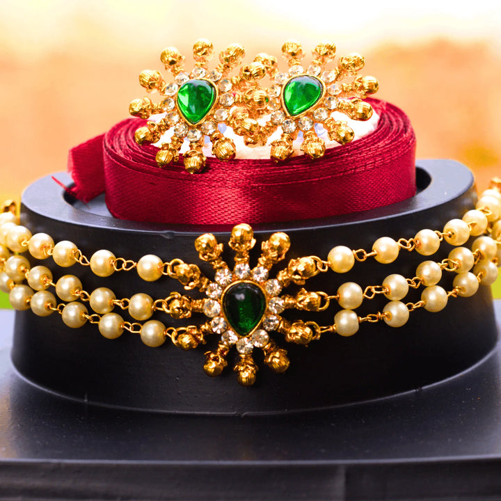 Stylish Pearl Choker Necklace Set With Green and Red Stones FS180 - freakysera
