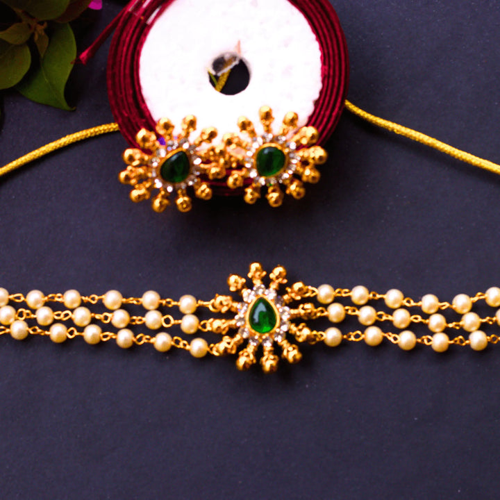 Stylish Pearl Choker Necklace Set With Green and Red Stones FS180 - freakysera